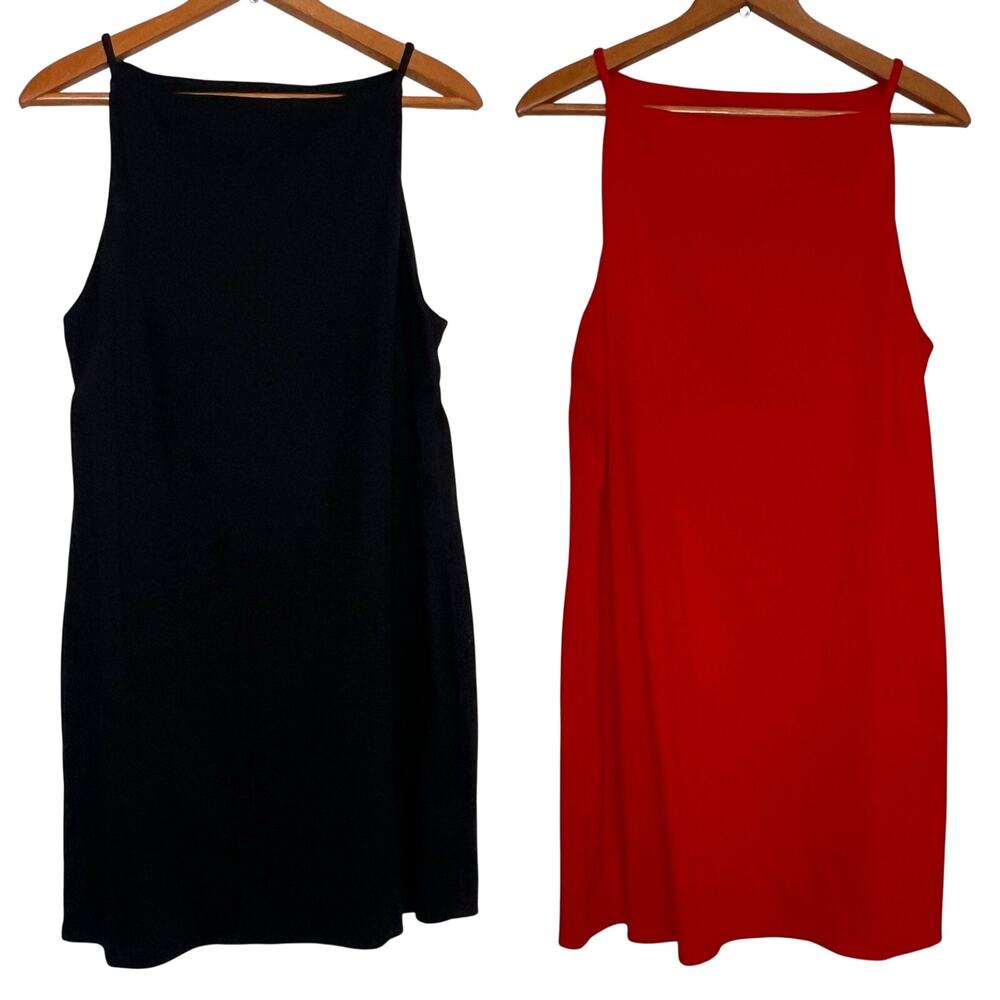 A New Day Sleeveless Rib Knit Dresses Size L Black Red Stretch Bundle Lot of 2